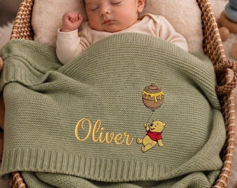 Custom Pooh Balloon Embroidered Baby Blanket, Personalized Name Disney Pooh Tigger Piglet Blanket, Gift For Newborn