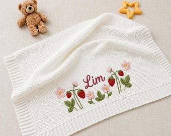 Custom Strawberry Floral Embroidered Baby Blanket, Personalized Name Flowers Blanket, Gift For Newborn