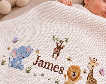 Custom Safari Embroidered Baby Blanket, Personalized Name Jungle Animal Blanket, Gift For Newborn, Nursery Keepsake Gift