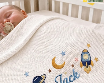 Custom Astronaut Rocket Embroidered Baby Blanket, Personalized Name Space Galaxy Baby, Gift For Newborn, Nursery Keepsake Gift