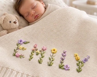 Custom Boho Floral Embroidered Baby Blanket, Personalized Name Newborn Hospital Gift, Custom Baby Gift, Flower Design Blanket, Baby Blanket