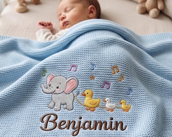 Custom Elephant And Duck Embroidered Baby Blanket, Personalized Name Music In The Forest, Lovely Nursery Kids Room Decor, Gift For Newborn