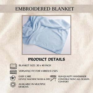 May include: A light blue embroidered blanket, measuring 30 x 40 inches, is displayed. The product details include easy care instructions, machine wash and dry, and high-quality handmade construction. The blanket is designed for all-season comfort.