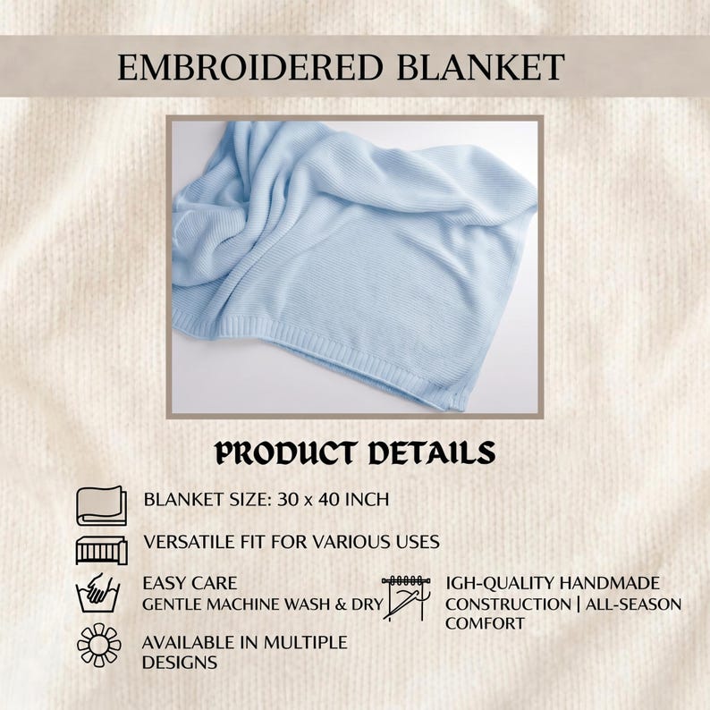 May include: A light blue embroidered blanket, measuring 30 x 40 inches, is displayed. The product details include easy care instructions, machine wash and dry, and high-quality handmade construction. The blanket is designed for all-season comfort.