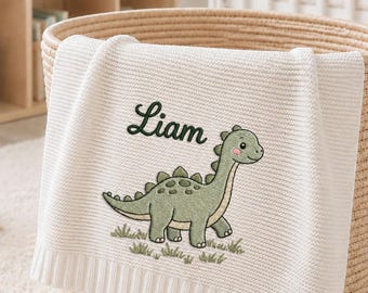 Custom Name Baby Dinosaur Embroidered Baby Blanket, Baby T Rex Dino Blanket, Shower Announcement, Gift For Newborn