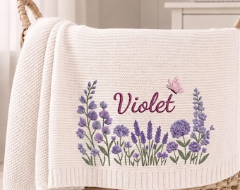 Personalized Purple Wildflowers Embroidered Baby Cotton Blanket, Lavender Floral Baby Shower Announcement, Gift For Newborn
