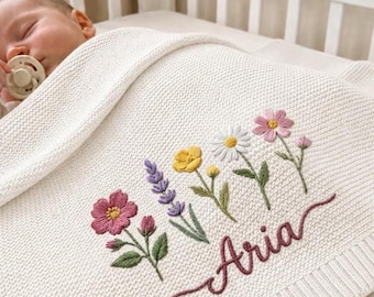 Custom Embroidered Name Blanket with Butterflies Wildflowers For Newborn, Welcome Baby Blanket, Nursery Keepsake, Newborn Gift For Baby