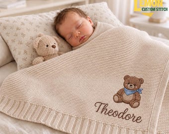 Aangepaste teddybeer geborduurde babydeken, gepersonaliseerde naam jungle dierendeken, cadeau voor pasgeborene, kwekerij aandenken cadeau, cadeau voor baby