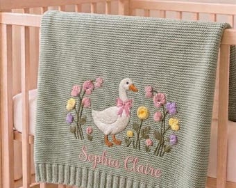 Personalized Baby Goose Embroidered Baby Cotton Blanket, Goose Floral Baby Shower Announcement, Duck Wildflower Blanket, Gift For Newborn