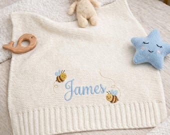 Embroidered Personalized Baby Cotton Blanket, Baby Bee Shower Announcement, Welcome Baby Blanket, Newborn Gift For Baby