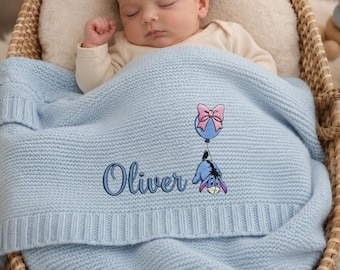 Custom Eeyore Balloon Embroidered Baby Blanket, Personalized Name Disney Pooh Tigger Piglet Blanket, Gift For Newborn