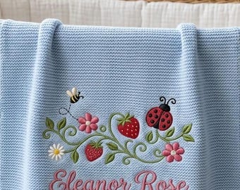 Custom Garden Cottagecore Ladybug Embroidered Baby Blanket, Personalized Name Coquette Floral Blanket, Nursery Keepsake Gift