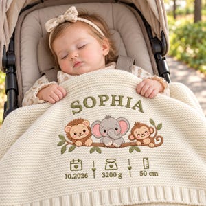 May include: A cream-colored knit baby blanket featuring the embroidered name SOPHIA in green, with a central illustration of a lion, elephant, and monkey on a branch. Below are icons for date 10.2026, weight 3200 g, and length 50 cm in green thread.