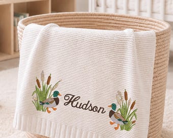 Custom Mallard Duck Embroidered Baby Blanket, Animal Safari Personalized Name Welcome Baby Blanket, Nursery Keepsake, Gift For Newborn