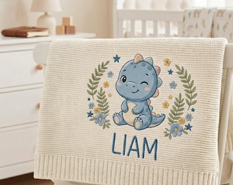 Custom Dinosaur Embroidered Baby Blanket, Personalized Name Jungle Animal Blanket, Gift For Newborn, Baby Shower Gift For Boy