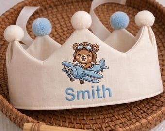 Gepersonaliseerde naam geborduurde kroon, aangepaste vliegtuigbeer verjaardagscadeaus baby