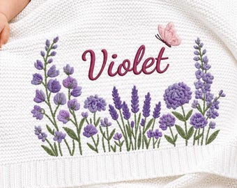 Personalized Purple Wildflowers Embroidered Baby Cotton Blanket, Lavender Floral Baby Shower Announcement, Gift For Newborn
