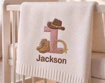 Western Cowboy Embroidered Baby Cotton Blanket, Custom Name Age Cowboy Blanket, Baby Shower Announcement, Gift For Newborn