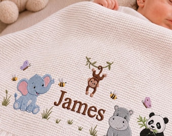 Custom Safari Embroidered Baby Blanket, Personalized Name Jungle Animal Blanket, Gift For Newborn, Nursery Keepsake Gift