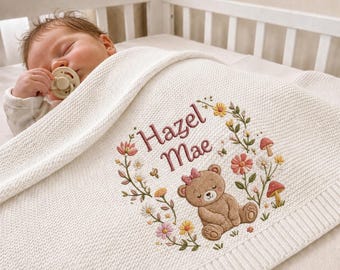 Couverture bébé brodée florale personnalisée ours en peluche, couverture nom personnalisé animal de la jungle, cadeau pour nouveau-né, cadeau souvenir pour chambre d'enfant