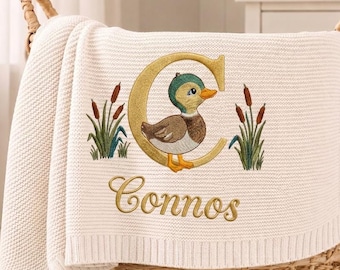 Custom Mallard Duck Chibi Embroidered Nursery Blanket, Personalized Name Baby Blanket, Baby Boy Gift, Gift for Baby, Keepsake Newborn