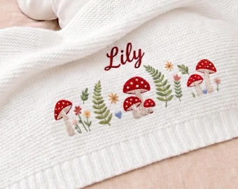 Mushroom Custom Name Embroidered  Blanket, Personalized Flowers, Newborn Gift