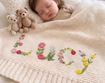 Custom Name Boho Floral Embroidered Baby Blanket, Personalized Newborn Hospital Gift, Custom Baby Gift, Flower Design Blanket, Baby Blanket