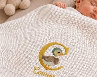 Custom Mallard Duck Embroidered Knit Blanket, Personalized Name Animal Safari Baby Shower Announcement, Newborn Baby Girl Gift