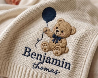 Personalized Teddy Bear Embroidered Baby Blanket, Custom Name Woodland Cabin Nursery Keepsake, Gift For Baby, Nursery Keepsake, Newborn Gift