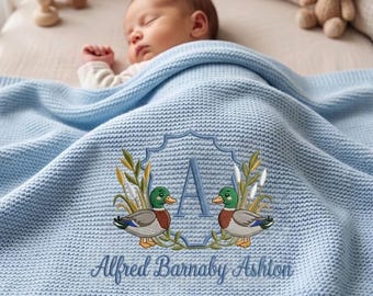 Personalized  Mallard Duck Embroidered Baby Blanket With Name, Custom Animal Safari Knit Newborn Gift, Gift For Home Decor, Baby Shower Gift