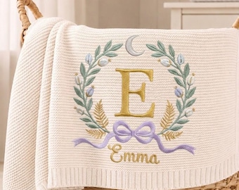Custom Wildflower Embroidered Knit Blanket, Personalized Name Floral Baby Shower Announcement, Newborn Baby Girl Gift