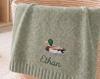 Custom Mallard Duck Personalized Embroidered Baby Cotton Blanket, Animal Safari Baby Shower Announcement, Gift For Newborn