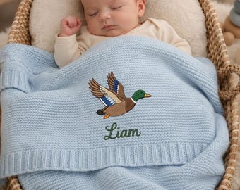 Custom Mallard Duck Personalized Embroidered Baby Cotton Blanket, Gift For Newborn, Animal Safari Baby Shower Announcement
