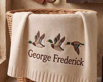 Benutzerdefinierte Stockenten Ente gestickte Babydecke, personalisierte Name Tier Safari Decke, Kinderzimmer Dekor Andenken, Geschenk für Baby Jungen Neugeborene