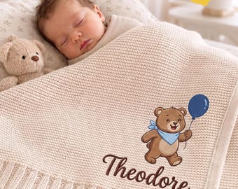 Custom Teddy Bear Balloon Embroidered Baby Blanket, Personalized Name Animal Blanket, Gift For Newborn, Nursery Keepsake Gift, Gift For Baby