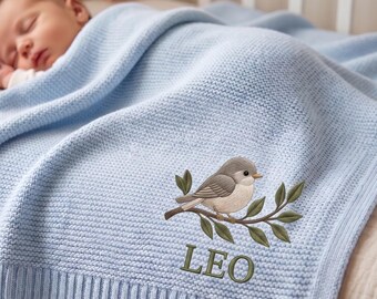 Personalized Lovely Bird Embroidered Baby Blanket With Name, Custom Animal Safari Knit Newborn Gift, Gift For Baby, Newborn Gift