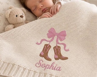 Custom Cowgirl Embroidered Baby Blanket, Personalized Name Cowboy Western Cactus Boots Hat Blanket, Baby Shower Announcement Gift