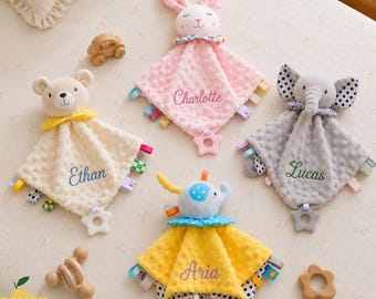 Custom Name Animal Baby Lovey Blanket, Minky Dot Sensory Security Blanket, Rabbit Elephant Dino Shower Announcement, Gift For Newborn