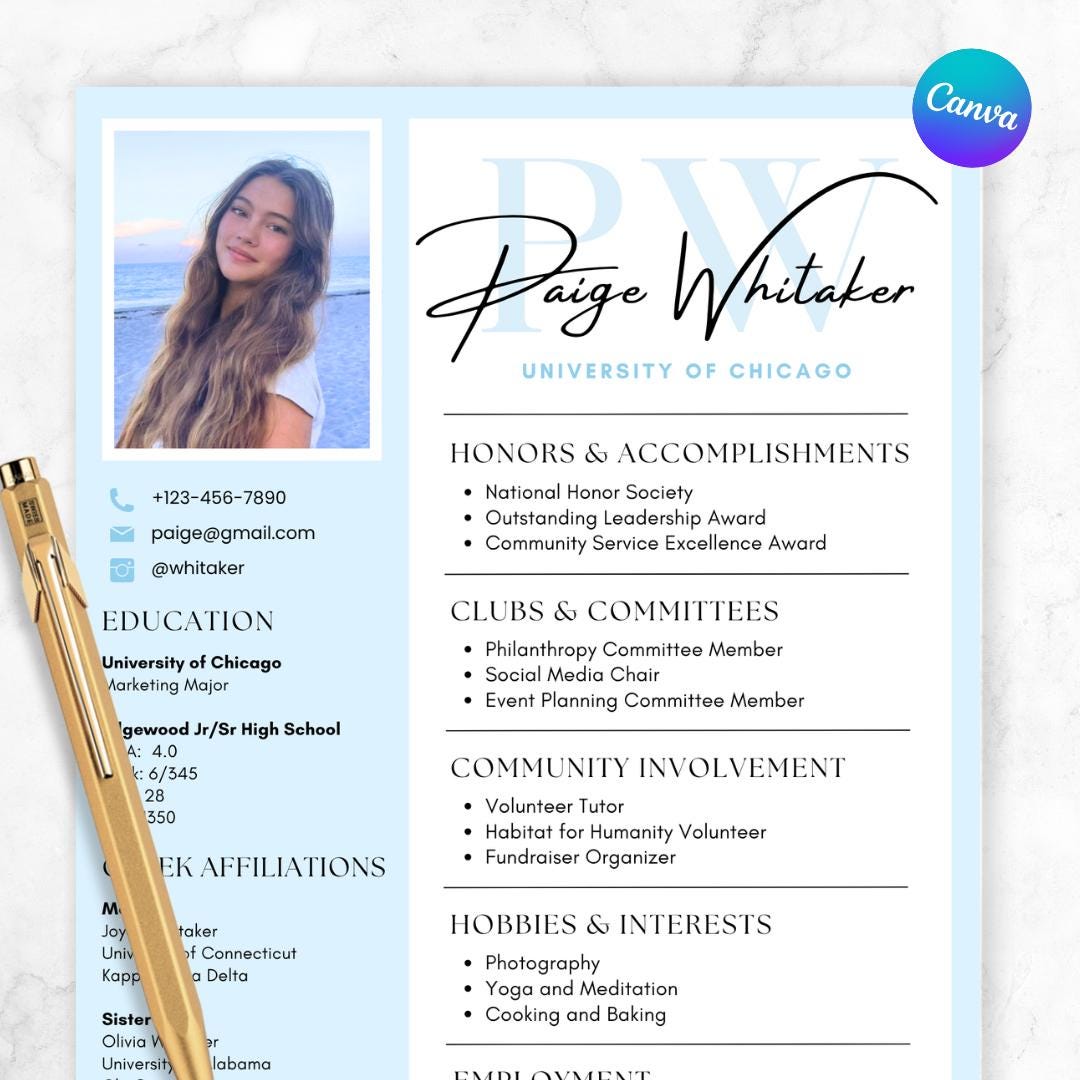 Editable Blue Sorority Resume Template Canva Design with Photo Sorority Recruitment Cover Letter Sorority Packet Rush Resume Template