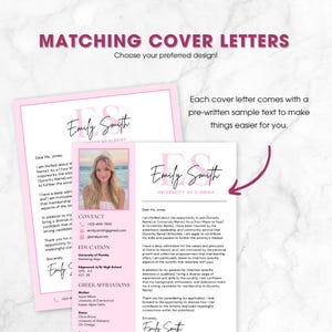 May include: Pink and white cover letter design with the name "Emily Smith" in elegant script. The image includes a headshot, contact information, and pre-written sample text for sorority membership applications.
