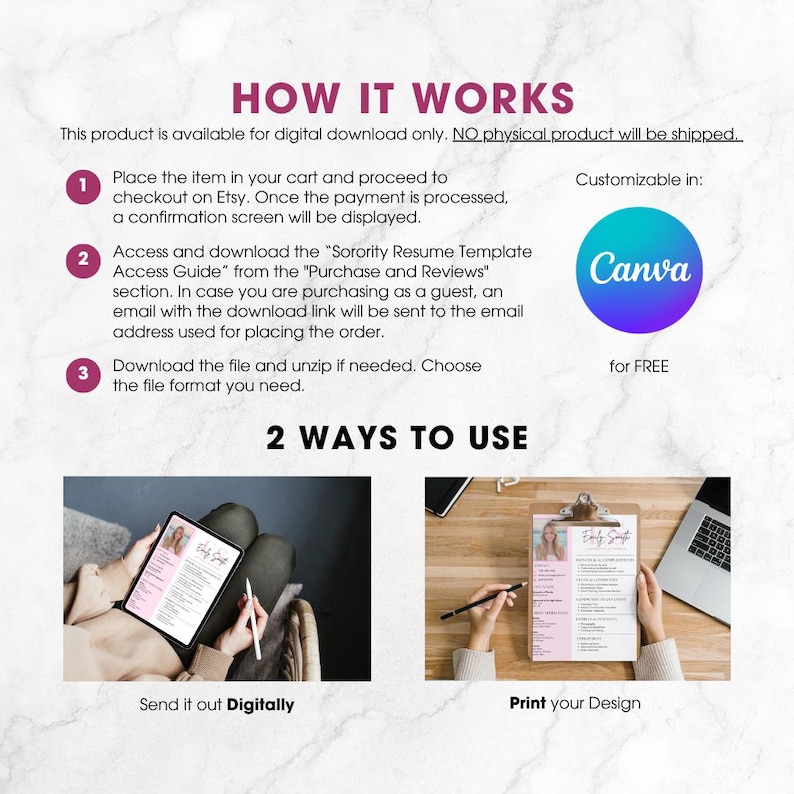 May include: A digital product guide titled "HOW IT WORKS" with instructions for downloading a resume template. The guide includes steps for purchase, download, and use, with options to send digitally or print. The Canva logo is also visible.