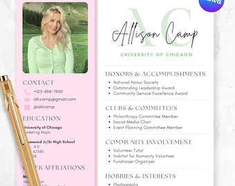 Bearbeitbare rosa grüne Sorority-Lebenslaufvorlage, Canva Design mit Foto, Sorority-Rekrutierungsanschreiben, Rush-Resume-Sorority-Paket