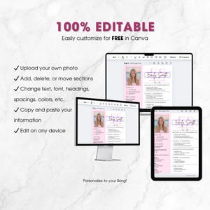 May include: A digital resume template displayed on a computer monitor, laptop, and tablet. The resume features a pink and white design with the text "Emily Smith." The image includes the text "100% EDITABLE" and "Easily customize for FREE in Canva."