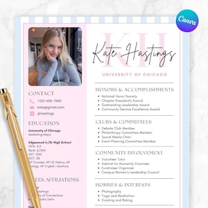 Editable Blue Pink Sorority Resume Template, Canva Design with Photo, Sorority Recruitment Cover Letter, Rush Resume, Sorority Packet