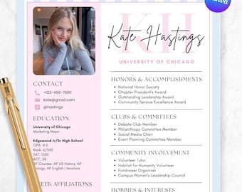 Editable Blue Pink Sorority Resume Template, Canva Design with Photo, Sorority Recruitment Cover Letter, Rush Resume, Sorority Packet
