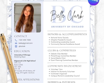Editable Blue Floral Sorority Resume Template Canva Design with Photo Sorority Recruitment Cover Letter Sorority Packet Rush Resume Template
