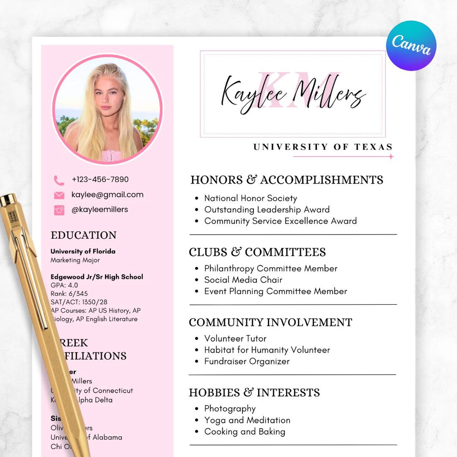 Editable Cute Pink Sorority Resume Template, Canva Design With Photo
