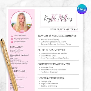 Bearbeitbare niedliche rosa Sorority-Lebenslaufvorlage, Canva-Design mit Foto, Sorority-Rekrutierungsanschreiben, Rush-Lebenslauf, Sorority-Paket