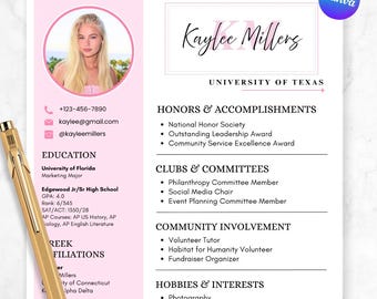 Editable Cute Pink Sorority Resume Template, Canva Design with Photo, Sorority Recruitment Cover Letter, Rush Resume, Sorority Packet