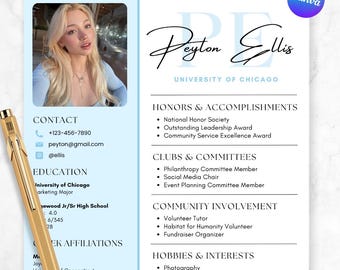 Editable Cute Blue Sorority Resume Template, Canva Design with Photo, Sorority Recruitment Cover Letter, Rush Resume, Sorority Packet